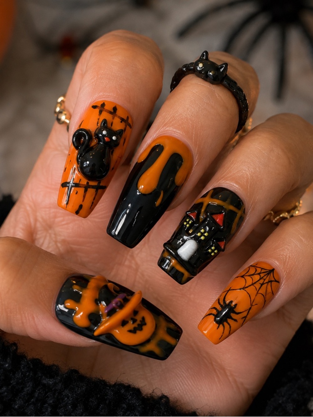 🎃 Orange & Black Halloween 3D Press-On Nails 💅🏽 - Picture 2 of 4